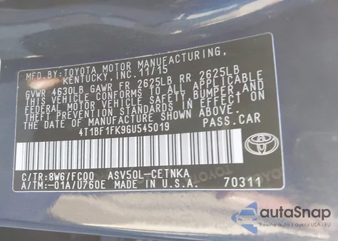 2016 Toyota Camry Le z USA, uszkodzony, nr VIN 4T1BF1FK9GU545019